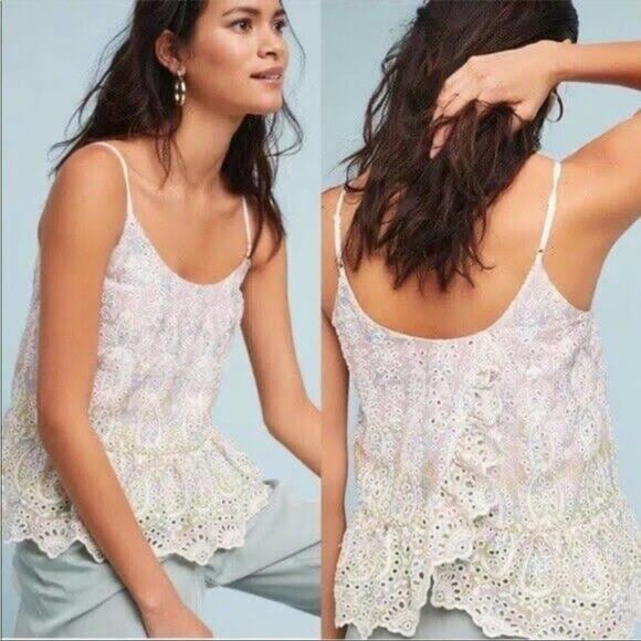 Anthropologie Feather Bone Gemma Pastel Eyelet Camisole Split Back Tank Top 0 - Picture 1 of 12